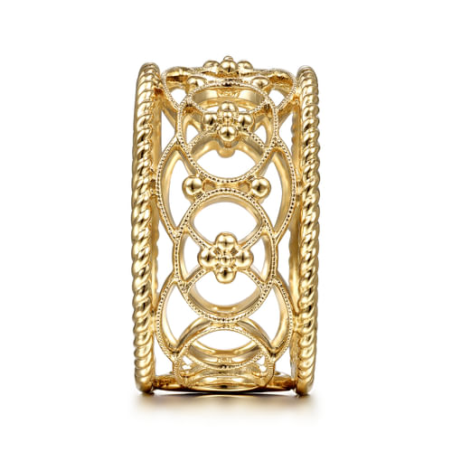14K Yellow Gold Twisted Rope and Bujukan Bead Wide Band Ring