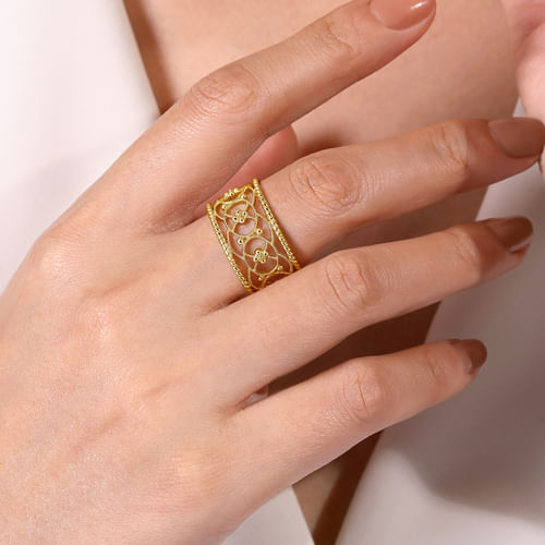 14K Yellow Gold Twisted Rope and Bujukan Bead Wide Band Ring