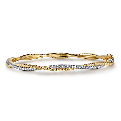 14K Yellow Gold Twisted Rope and Diamond Bangle