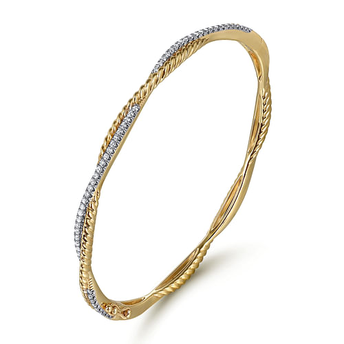 14K Yellow Gold Twisted Rope and Diamond Bangle