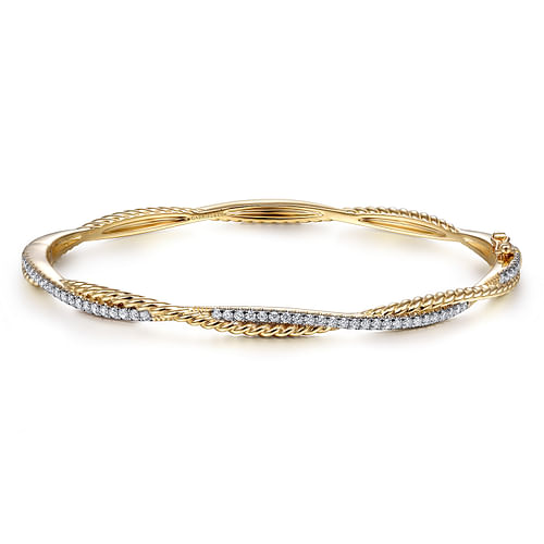 14K Yellow Gold Twisted Rope and Diamond Bangle