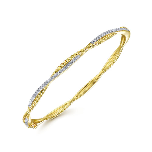 14K Yellow Gold Twisted Rope and Diamond Bangle