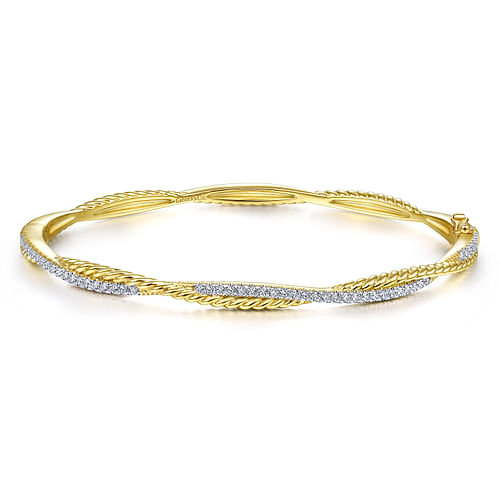 14K Yellow Gold Twisted Rope and Diamond Bangle