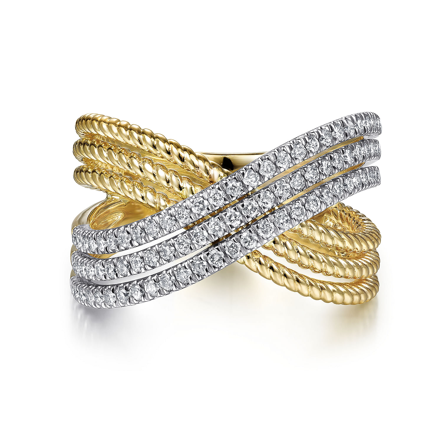 Gabriel - 14K Yellow Gold Twisted Rope and Diamond Criss Cross Ring