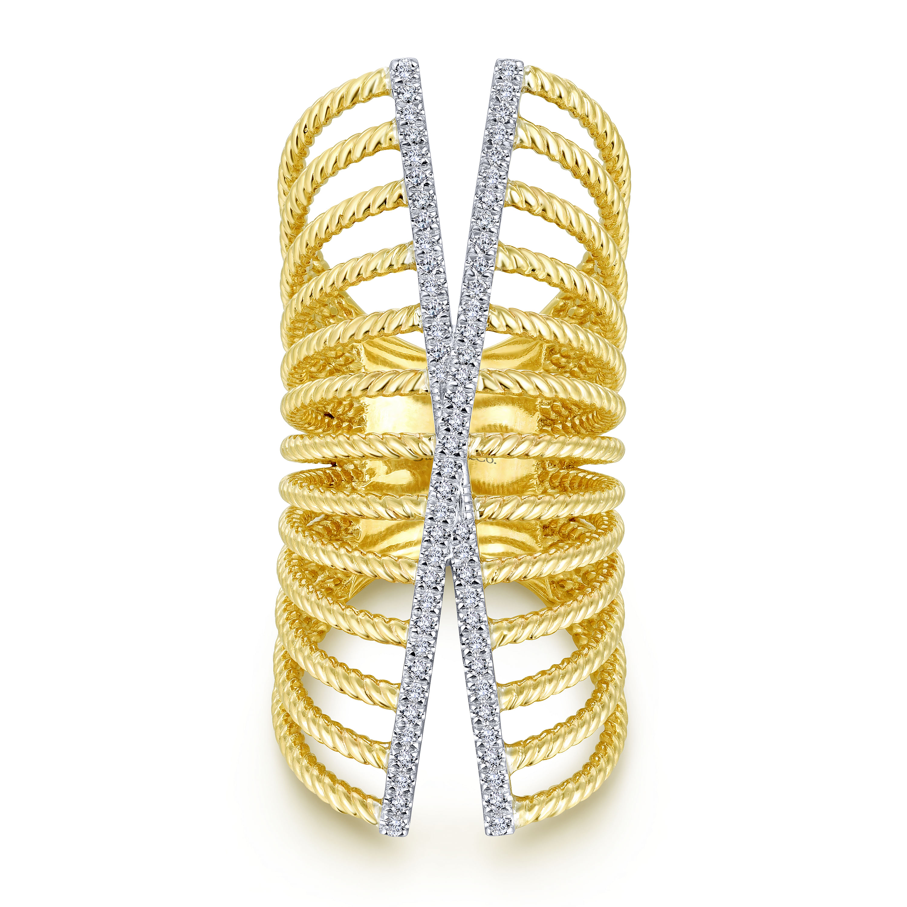 14K Yellow Gold Twisted Wide Band Diamond Cage Ring