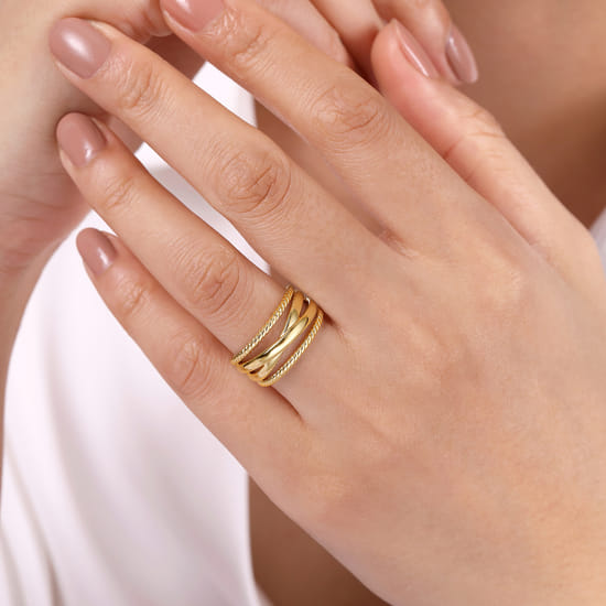 14K Yellow Gold Twisted and Plain Criss Cross Ring angle 5