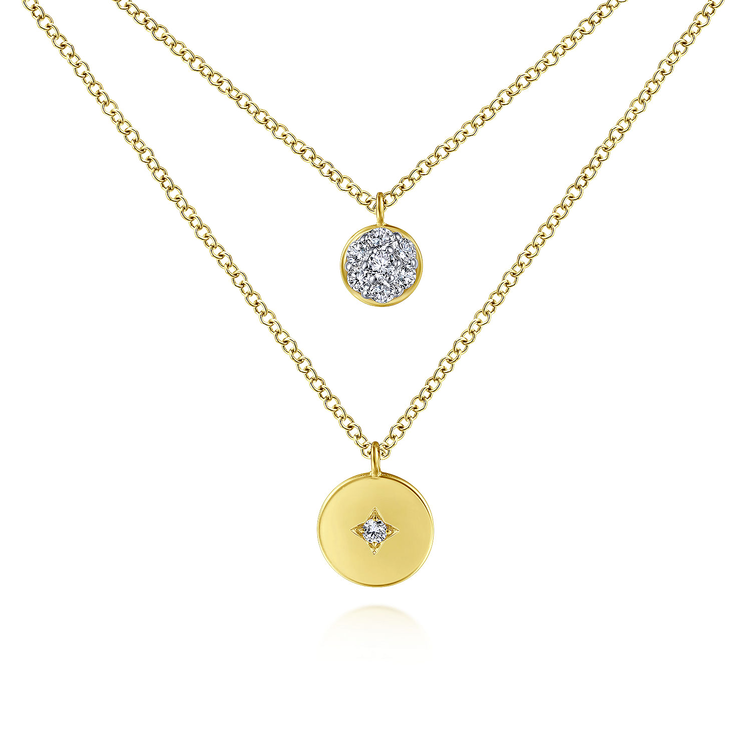 14K Yellow Gold Two Row Round Diamond Cluster and Medallion Pendant Necklace