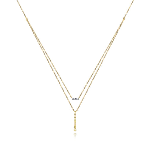 14K Yellow Gold Two Strand Diamond Bar and Bujukan Beaded Pendant Necklace