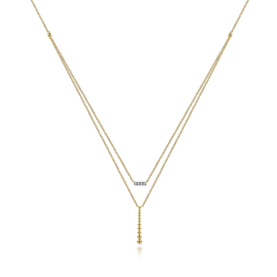 Gabriel - 14K Yellow Gold Two Strand Diamond Bar and Bujukan Beaded Pendant Necklace