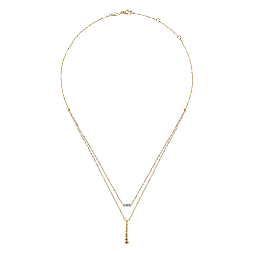 14K Yellow Gold Two Strand Diamond Bar and Bujukan Beaded Pendant Necklace