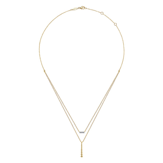 14K Yellow Gold Two Strand Diamond Bar and Bujukan Beaded Pendant Necklace angle 2