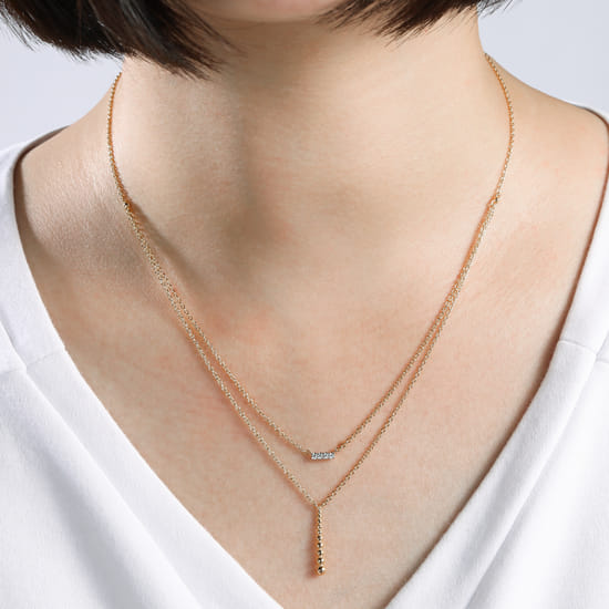 14K Yellow Gold Two Strand Diamond Bar and Bujukan Beaded Pendant Necklace angle 3
