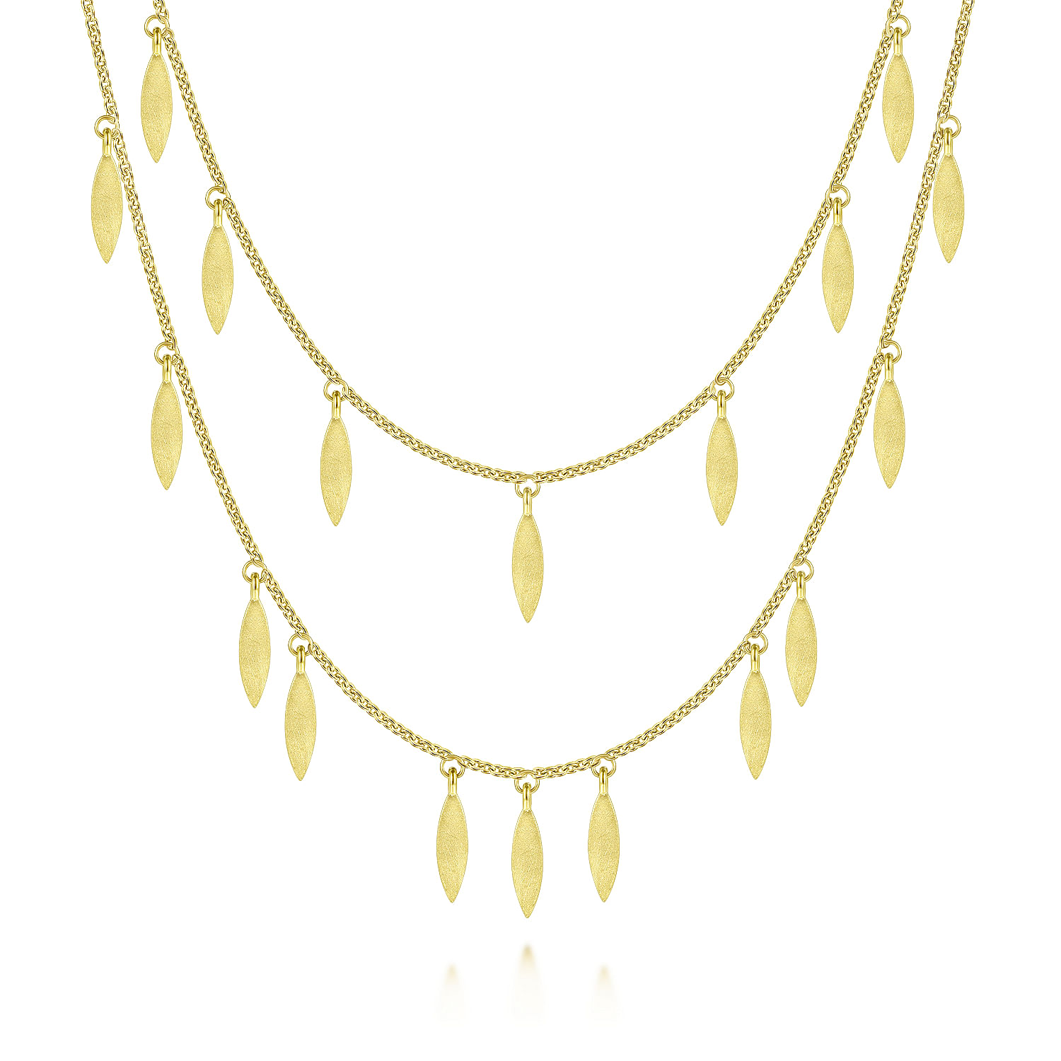 14K Yellow Gold Two Strand Necklace with Marquise Shape Drops
