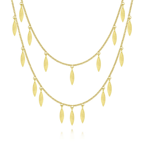 14K Yellow Gold Two Strand Necklace with Marquise Shape Drops