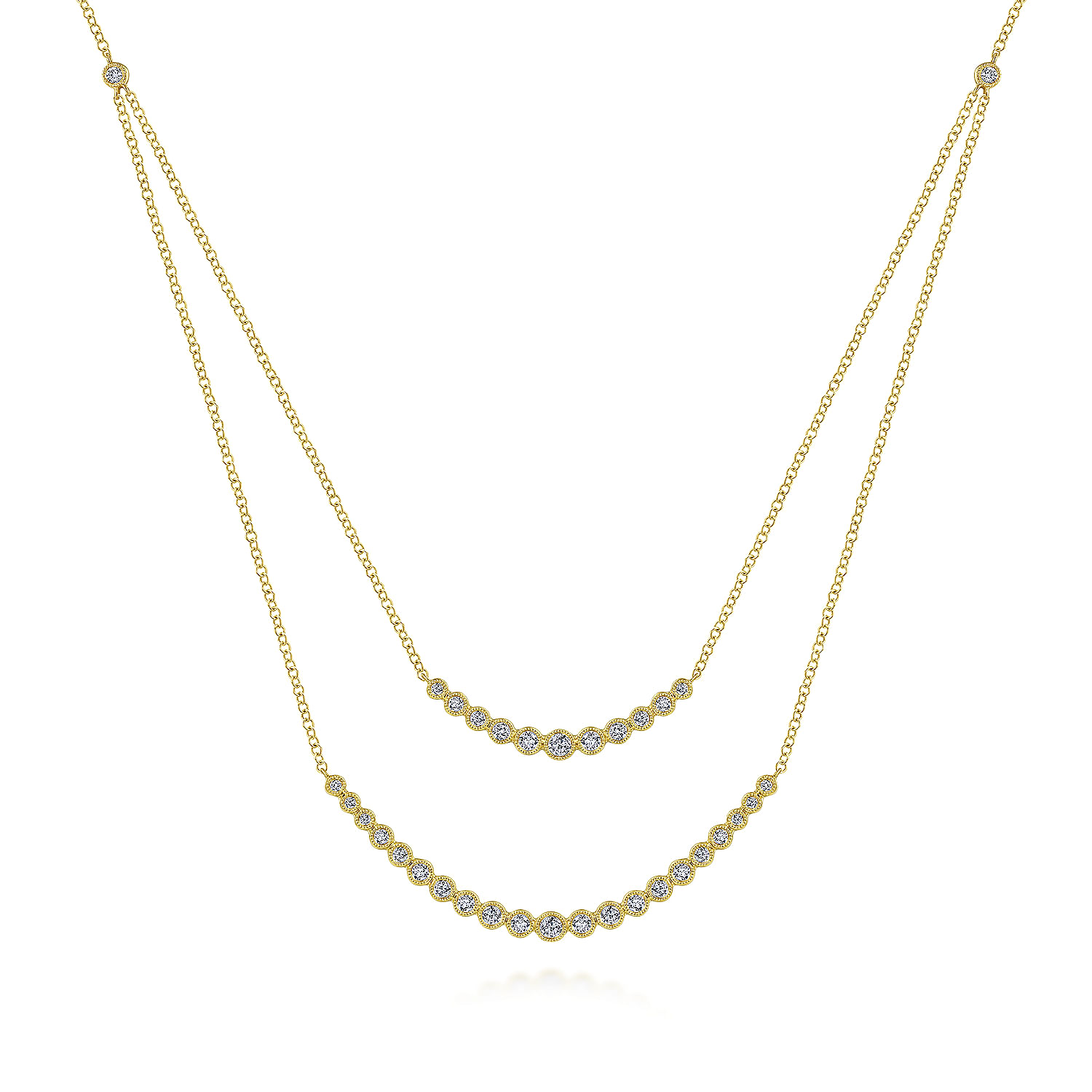 14K Yellow Gold Two Strand Necklace with Milgrain Bezel Set Diamonds