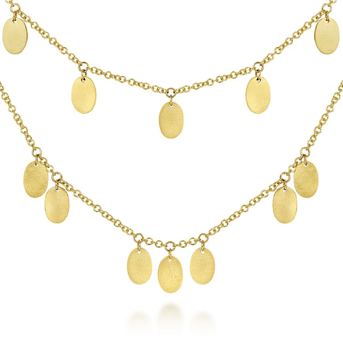 14K Yellow Gold Two Strand Necklace with Oval Shape Drops