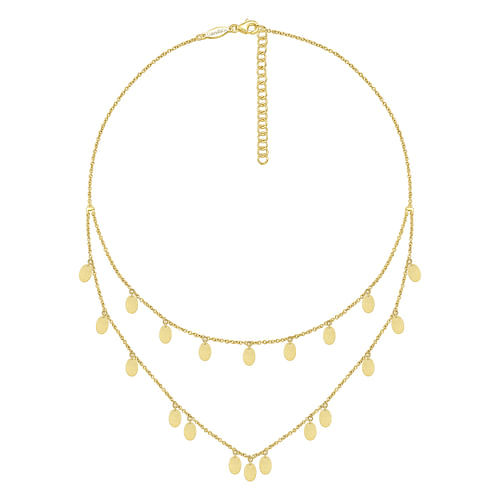 14K Yellow Gold Two Strand Necklace with Oval Shape Drops