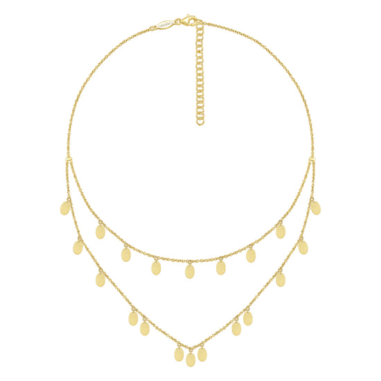 14K Yellow Gold Two Strand Necklace with Oval Shape Drops angle 2