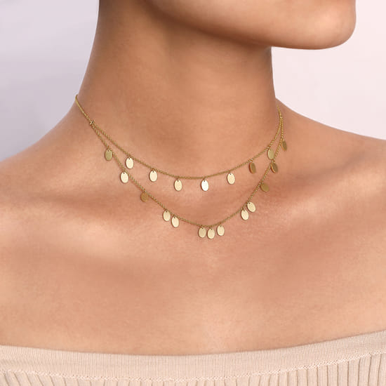 14K Yellow Gold Two Strand Necklace with Oval Shape Drops angle 3