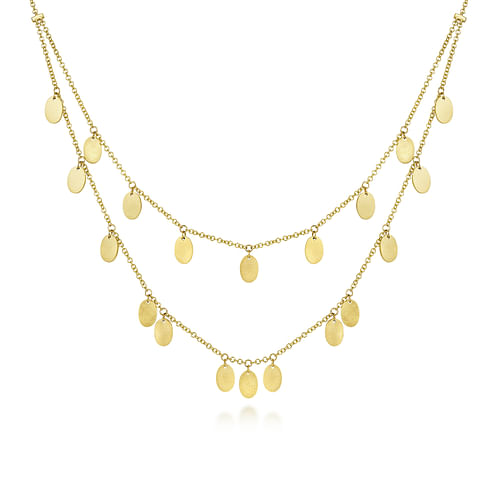 14K Yellow Gold Two Strand Necklace with Oval Shape Drops