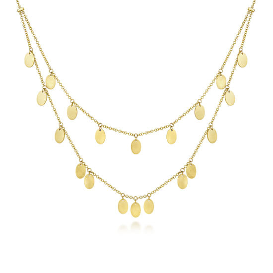 14K Yellow Gold Two Strand Necklace with Oval Shape Drops angle 4