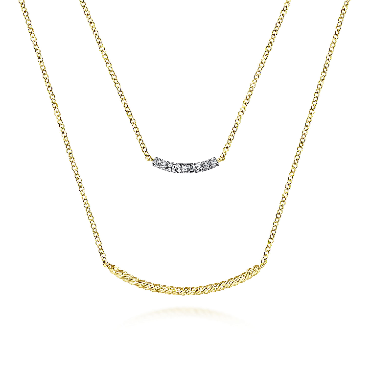 14K Yellow Gold Two Strand Twisted and Diamond Bar Necklace