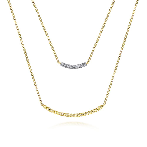 14K Yellow Gold Two Strand Twisted and Diamond Bar Necklace