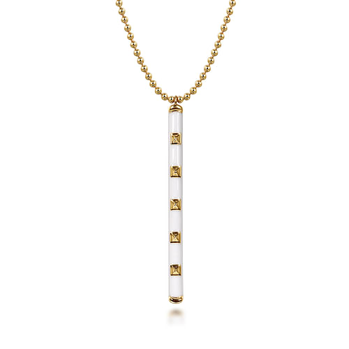 14K Yellow Gold Vertical Bar Necklace with White Enamel