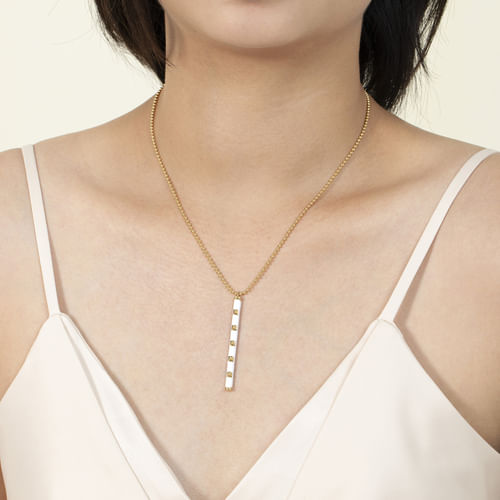14K Yellow Gold Vertical Bar Necklace with White Enamel
