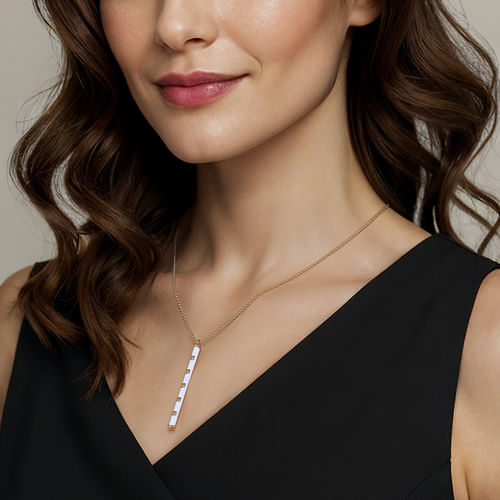 14K Yellow Gold Vertical Bar Necklace with White Enamel