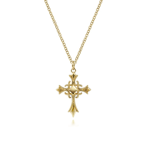 14K Yellow Gold Vintage Inspired Cross Pendant Necklace