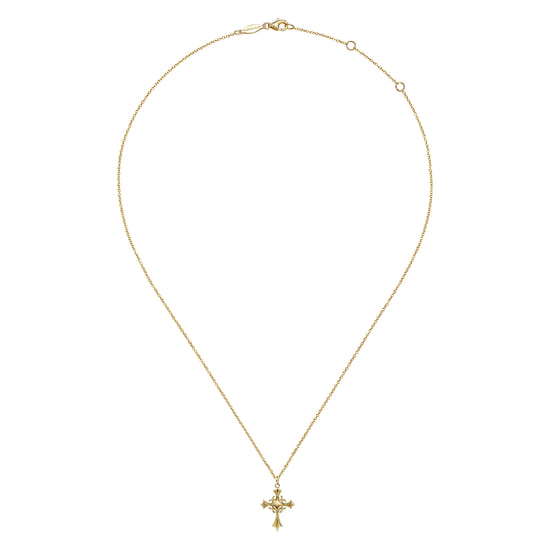 14K Yellow Gold Vintage Inspired Cross Pendant Necklace angle 2 14K Yellow Gold Vintage Inspired Cross Pendant Necklace angle 2