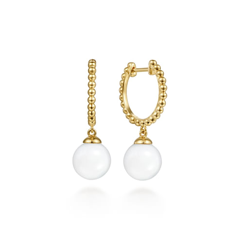 14K Yellow Gold White Agate Bujukan  Huggie Drop Earrings