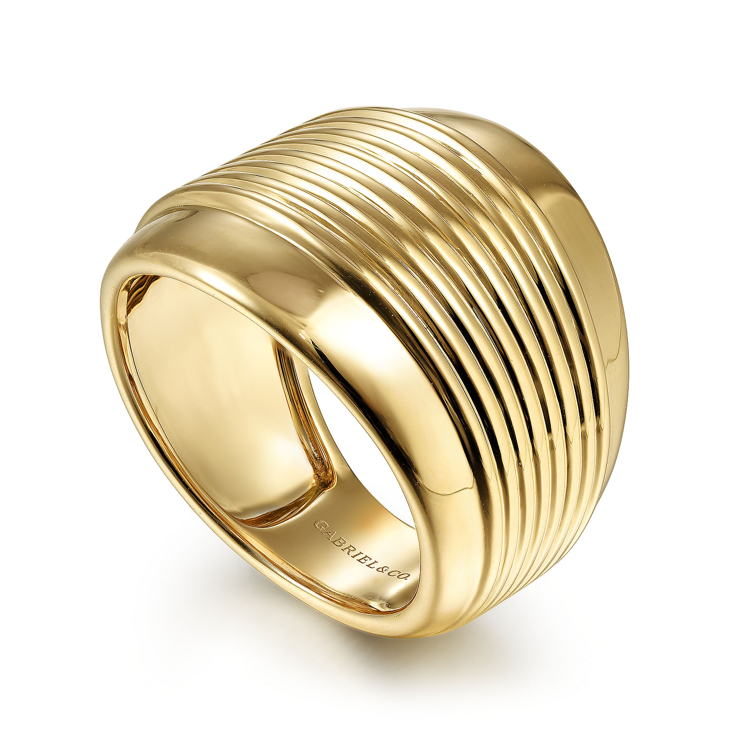 14K Yellow Gold Wide Band Ring with Textured Center Rows 