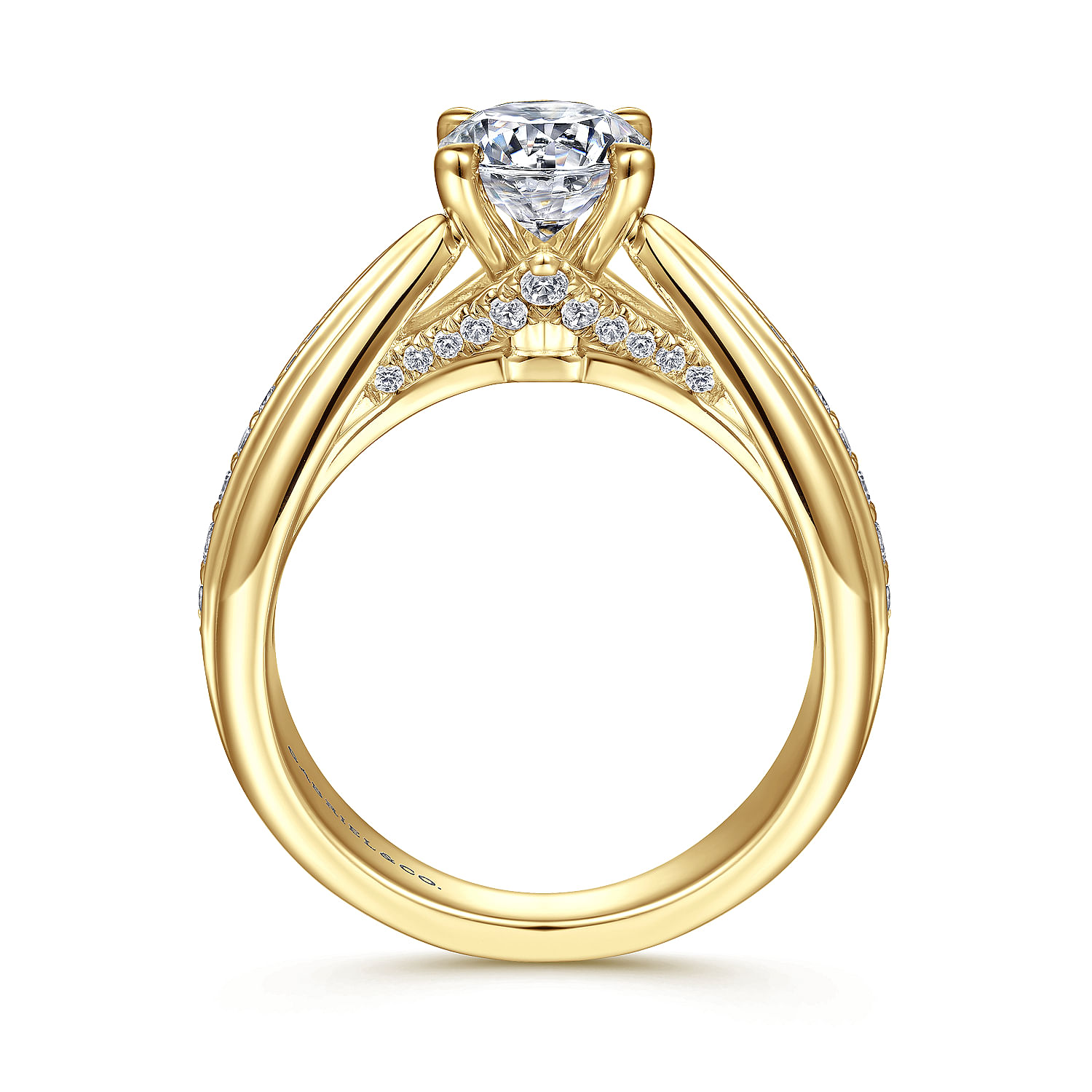 14K Yellow Gold Wide Band Round Diamond Channel Set Engagement Ring