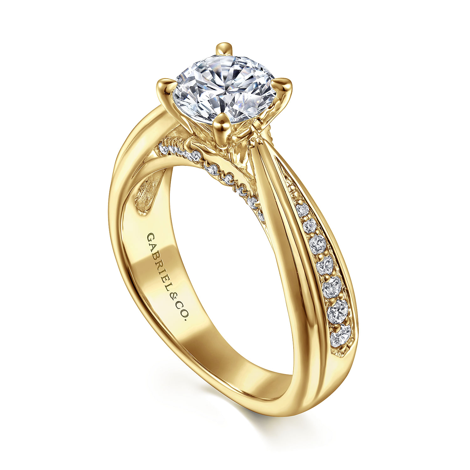 14K Yellow Gold Wide Band Round Diamond Channel Set Engagement Ring
