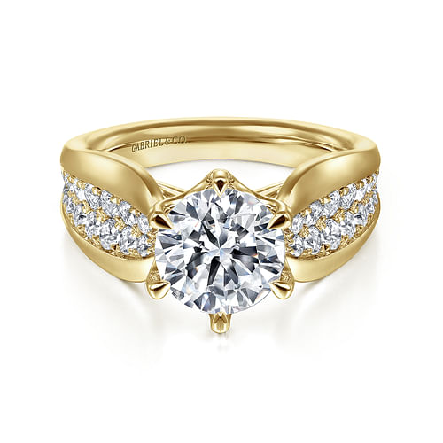 14K Yellow Gold Wide Band Round Diamond Engagement Ring