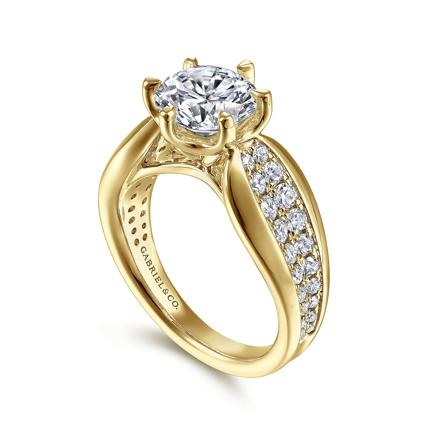 14K Yellow Gold Wide Band Round Diamond Engagement Ring