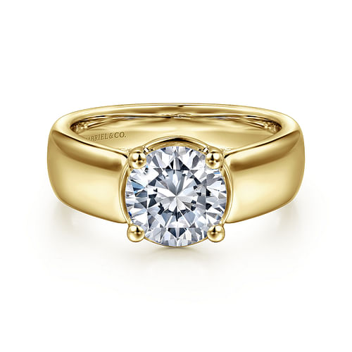 14K Yellow Gold Wide Band Round Diamond Engagement Ring