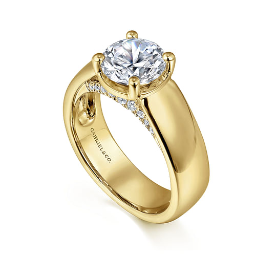 14K Yellow Gold Wide Band Round Diamond Engagement Ring