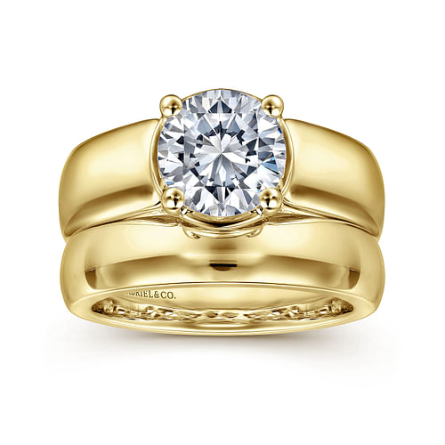 14K Yellow Gold Wide Band Round Diamond Engagement Ring