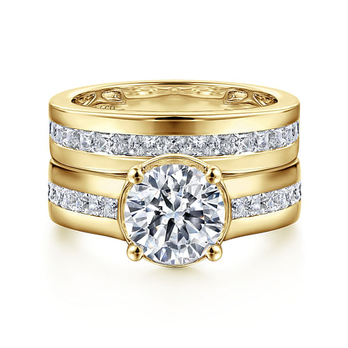 14K Yellow Gold Wide Band Round Diamond Engagement Ring