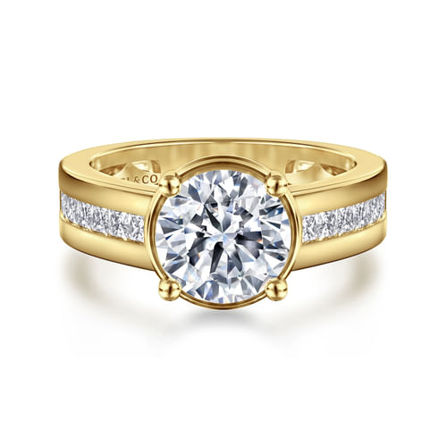 14K Yellow Gold Wide Band Round Diamond Engagement Ring