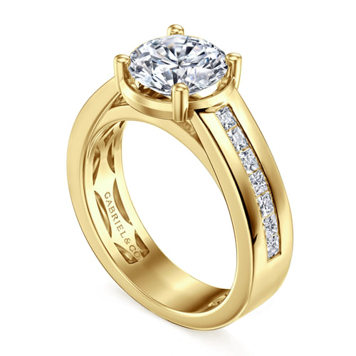 14K Yellow Gold Wide Band Round Diamond Engagement Ring