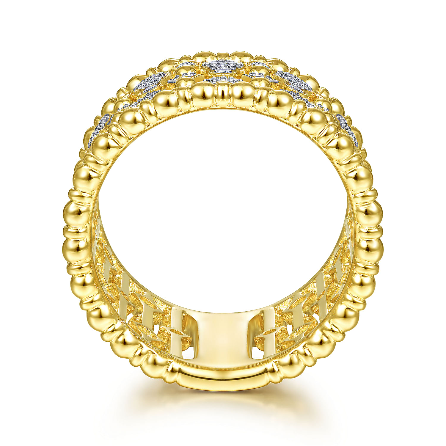 14K Yellow Gold Wide Bujukan Ball and Diamond Statement Ring