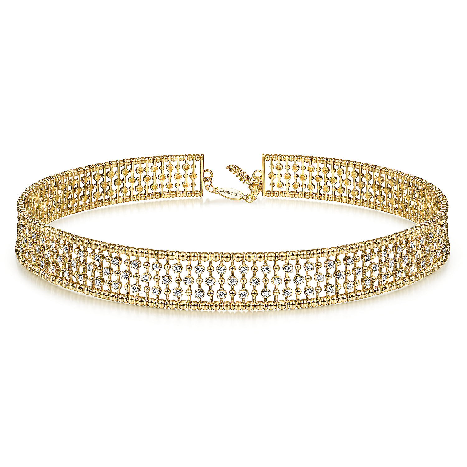 Gabriel - 14K Yellow Gold Wide Diamond Station Choker Necklace with Bujukan Beads, 11.5+4 inch