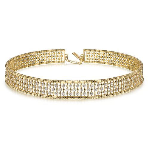 14K Yellow Gold Wide Diamond Station Choker Necklace with Bujukan Beads, 11.5+4 inch