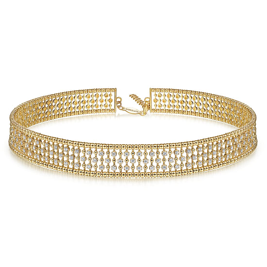 Gabriel - 14K Yellow Gold Wide Diamond Station Choker Necklace with Bujukan Beads, 11.5+4 inch