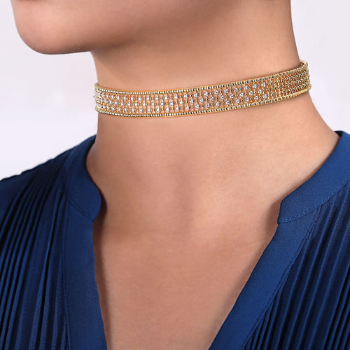 14K Yellow Gold Wide Diamond Station Choker Necklace with Bujukan Beads, 11.5+4 inch