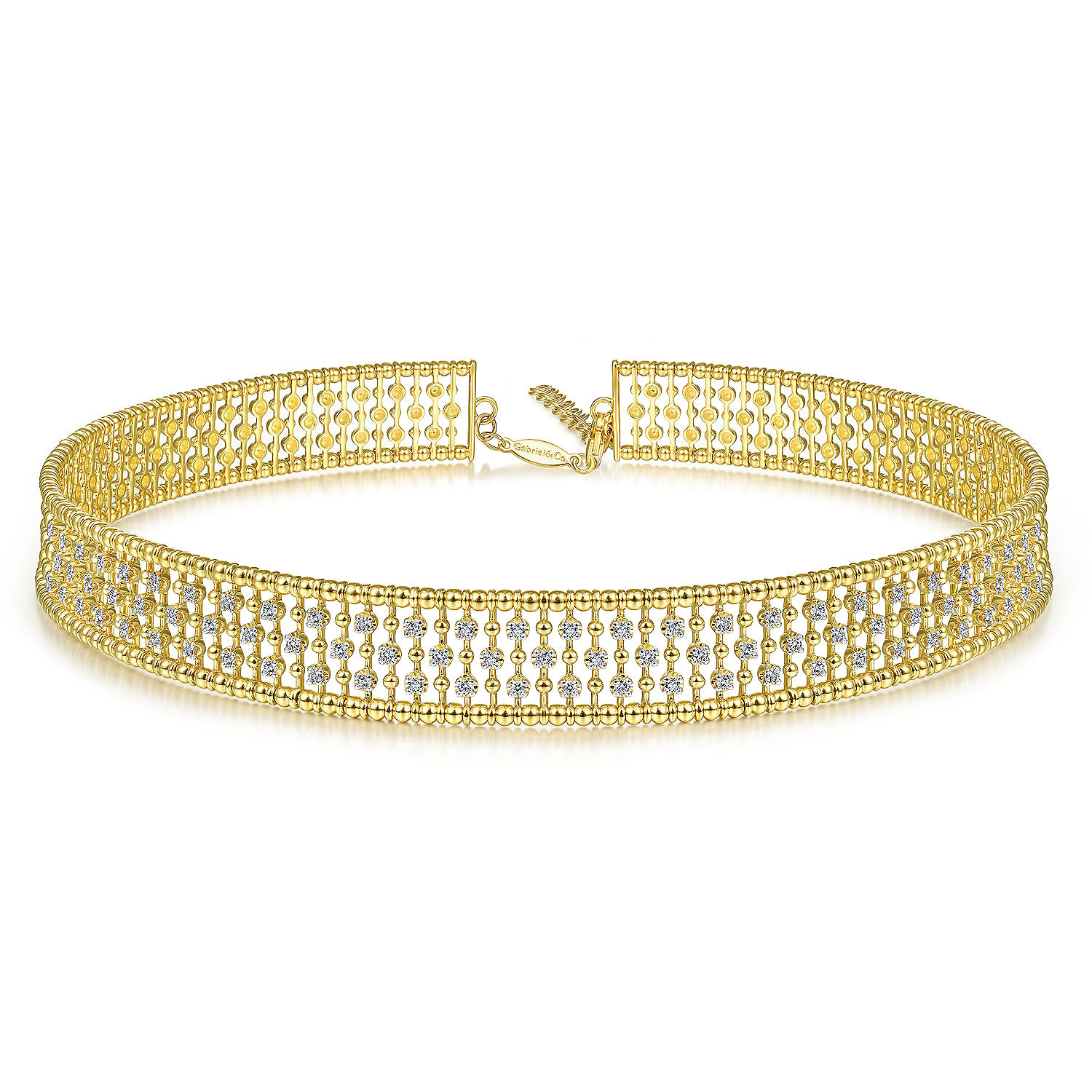 14K Yellow Gold Wide Diamond Station Choker Necklace with Bujukan Beads, 13.5+2 inch